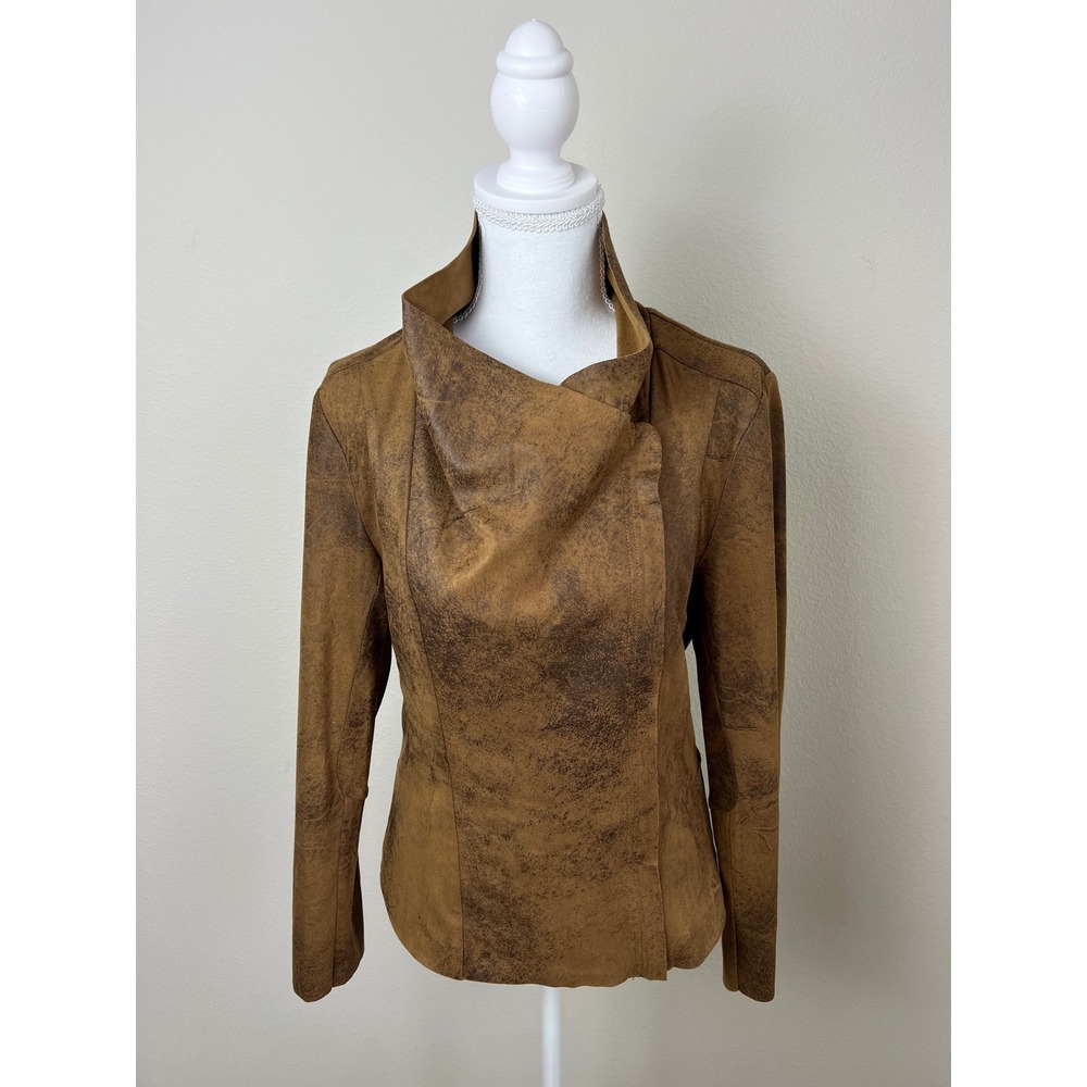 Live A Little Faux Suede Moto Jacket Brown‎ Waterfall Drape Zip Western Boho S